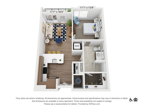 Floor plan for 1 bed, 1 bath, 703 sqft